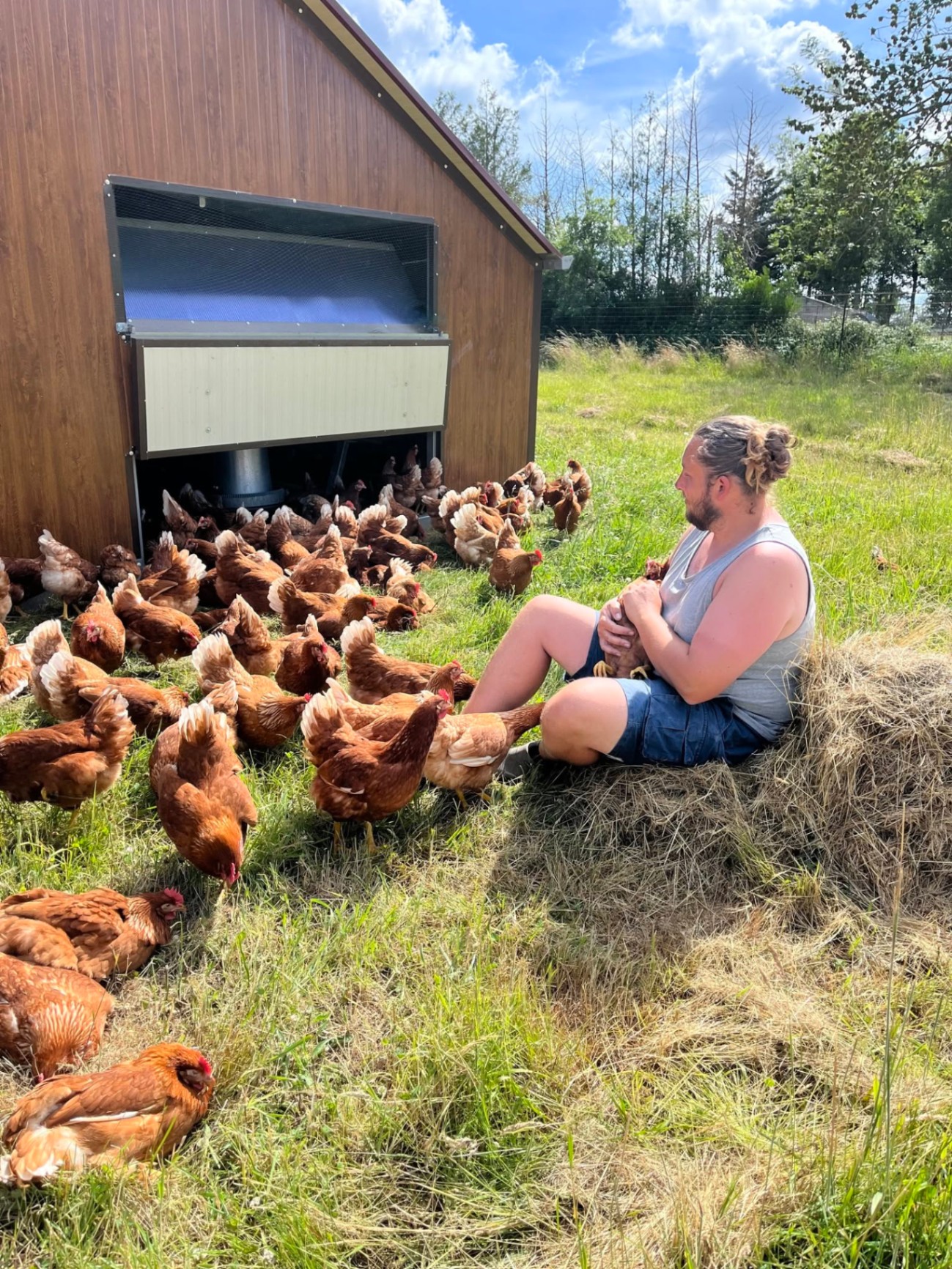 Romain devant le poulailler avec ses poules